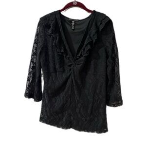 Apostrophe Black Lace Ruffle V-Neck 3/4 Length Sleeved Blouse